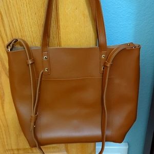 Henny & Lev honey brown leather crossbody tote with long shoulder strap
